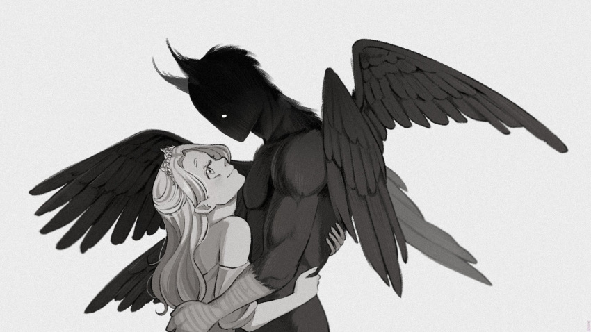 1boy, 1girl, arm_around_shoulder, arm_around_waist, arms_around_waist, highres, horns, long_hair