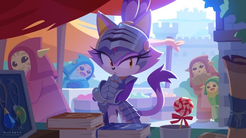 1girl, animal_ears, armor, black_sclera, blaze_the_cat, book, book_stack, candy
