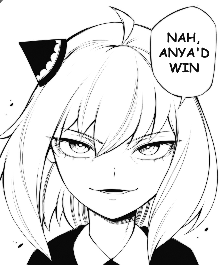 1girl, absurdres, ahoge, anya_(spy_x_family), commentary, english_text, greyscale, hairpods
