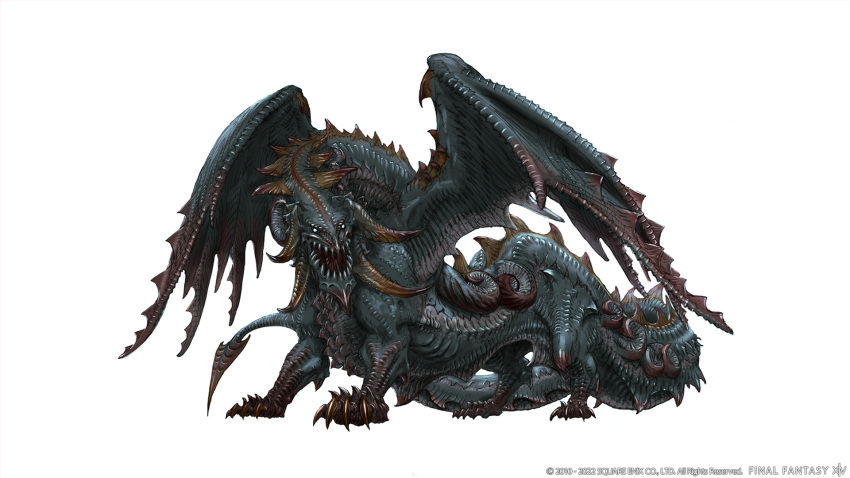 animal_focus, claws, company_name, concept_art, copyright_name, copyright_notice, curled_horns, dragon, final_fantasy, final_fantasy_xiv, full_body, highres, horns, looking_at_viewer, monster, multiple_horns, nidhogg_(ff14), no_humans, official_art, open_mouth, scales, sharp_teeth, simple_background, solo, spiked_tail, spikes, tail, teeth, tetsu_tsukamoto, white_background, wings
