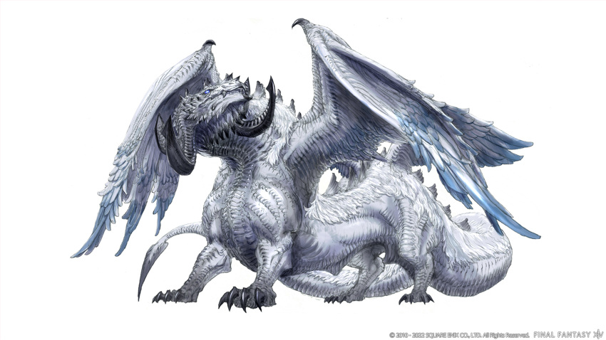 animal_focus, black_horns, blue_eyes, claws, company_name, concept_art, copyright_name, copyright_notice