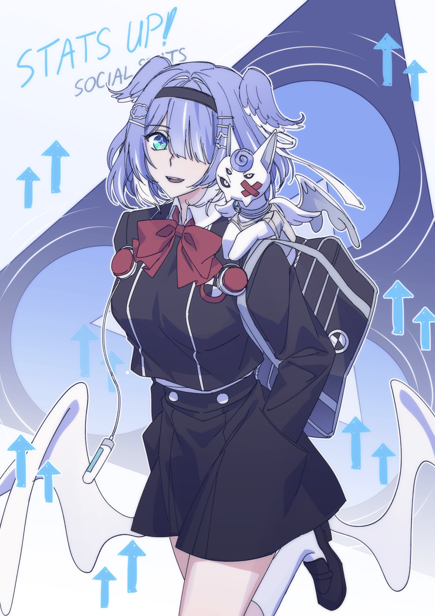 1girl, absurdres, aircon11, aqua_eyes, arrow_(symbol), bag, black_hairband, blue_hair, commentary, cross-shaped_pupils, dragon_wings, elira_pendora, gameplay_mechanics, gekkoukan_high_school_uniform, hair_ornament, hair_over_one_eye, hairband, hairclip, hands_in_pockets, head_wings, highres, looking_at_viewer, medium_hair, nijisanji, nijisanji_en, open_mouth, persona, persona_3, pikl_(elira_pendora), school_bag, school_uniform, symbol-only_commentary, symbol-shaped_pupils, virtual_youtuber, wings