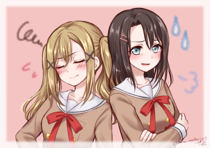 2girls, absurdres, bang_dream!, black_hair, blonde_hair, blue_eyes, blush, brown_dress