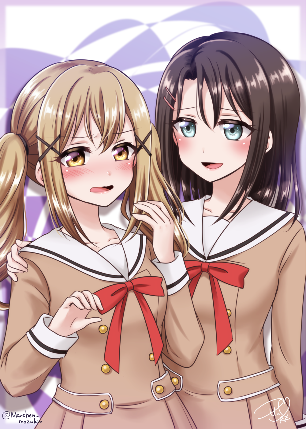 2girls, bang_dream!, black_hair, blonde_hair, blue_eyes, blush, brown_dress, buttons