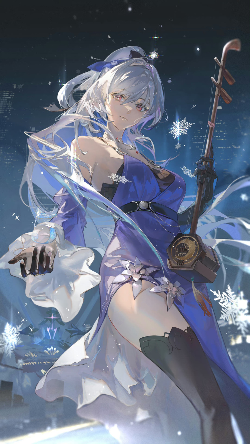 1girl, absurdres, armpits, bare_shoulders, belt, black_belt, black_gloves, blue_dress