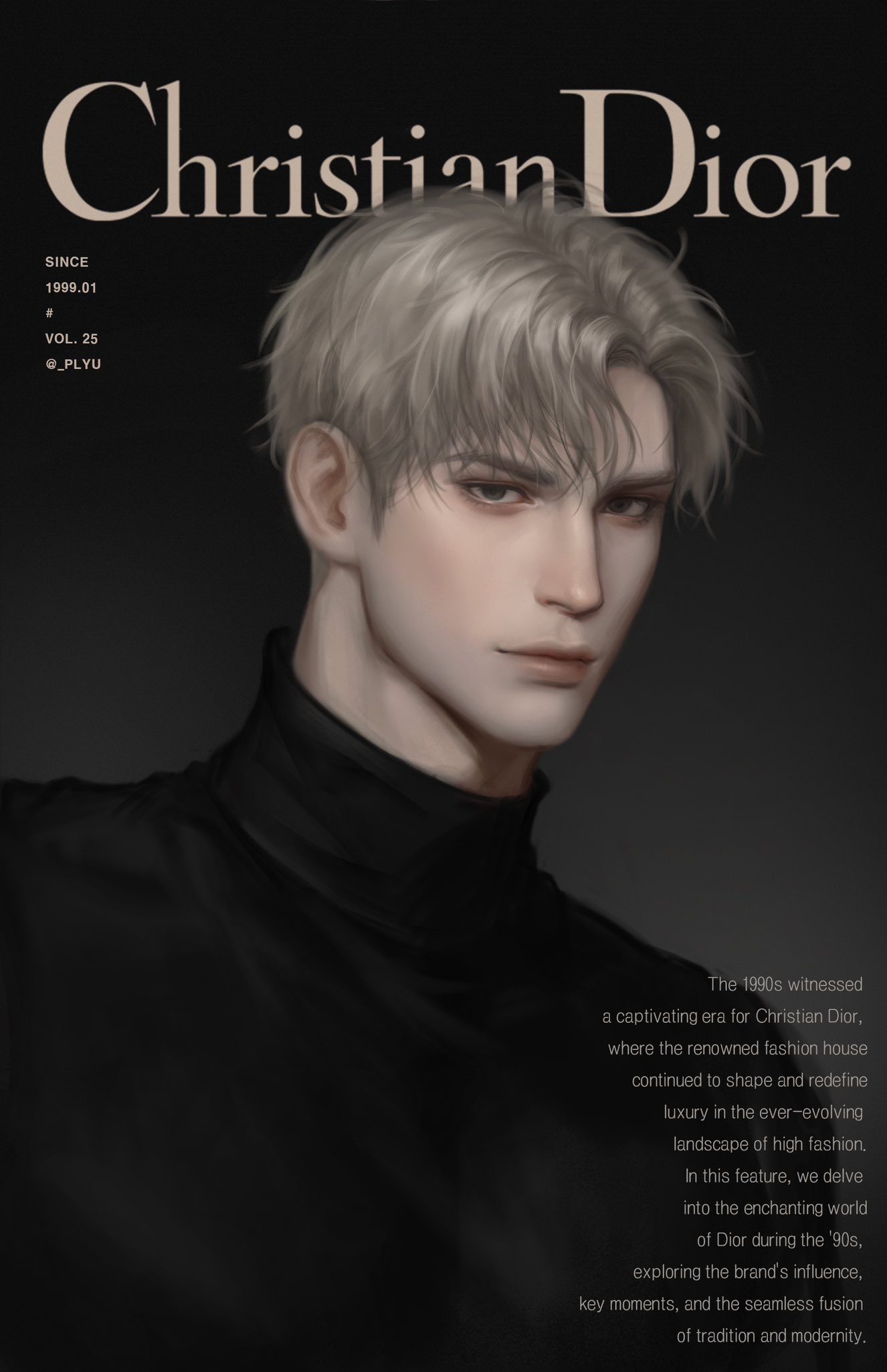 1boy, black_background, black_eyes, black_sweater, closed_mouth, cover, english_text, fake_magazine_cover, gradient_background, grey_hair, highres, ilay_riegrow, looking_at_viewer, magazine_cover, male_focus, numbered, passion_(manhwa), plyu, realistic, solo, sweater, turtleneck, turtleneck_sweater, twitter_username