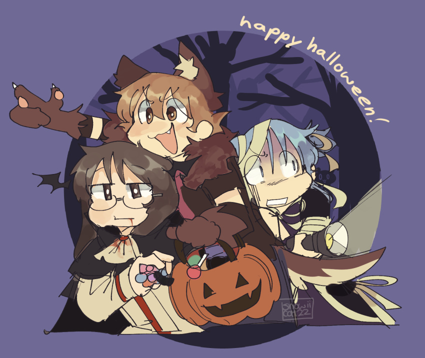3girls, aioi_yuuko, animal_ears, candy, flashlight, food, halloween, halloween_bucket