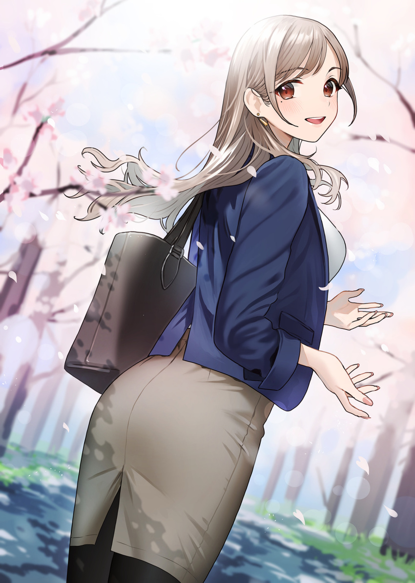 1girl, akaori_umeka, bag, black_pantyhose, blue_jacket, blurry, blurry_background, blush
