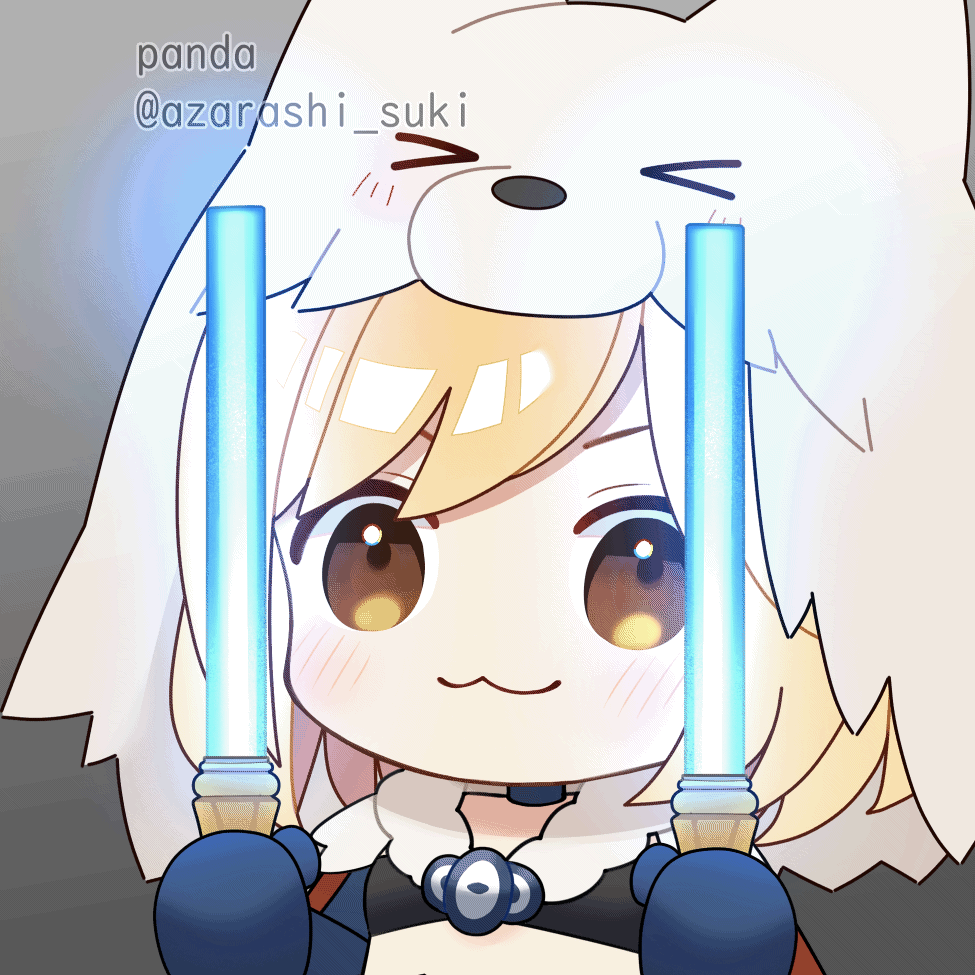 >_<, 1girl, :3, berserker_(granblue_fantasy), blonde_hair, brown_eyes, cape, chibi, djeeta_(granblue_fantasy), expressive_clothes, glowstick, granblue_fantasy, happy, hood, medium_hair, open_mouth, panda_(azarashi_suki), smile, solo, twitter_username, upper_body