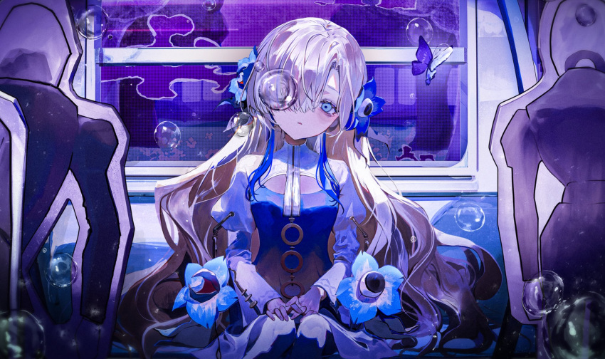1girl, bags_under_eyes, blue_dress, blue_eyes, blue_flower, bubble, bug, butterfly
