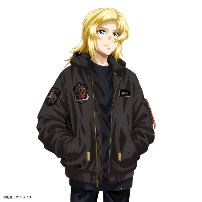 black_footwear, black_pants, black_shirt, blonde_hair, blue_eyes, casual, denim, gundam