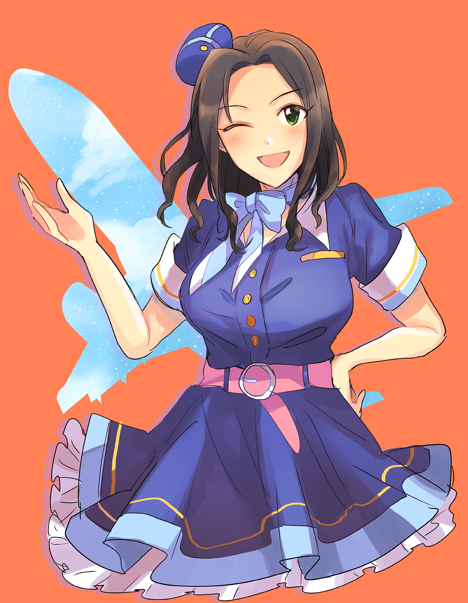 1girl, aircraft, airplane, belt, black_hair, blue_bow, blue_bowtie, blue_dress