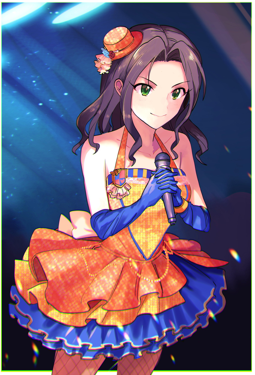 1girl, absurdres, bare_shoulders, belly_chain, black_hair, blue_background, blue_gloves, blush