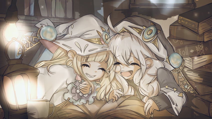 asteria_of_the_white_woods, blonde_hair, book, book_stack, braid, closed_eyes, diabellstar_the_black_witch, diabellze_the_original_sinkeeper