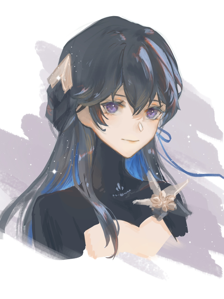 1girl, absurdres, black_hair, black_shrug, blue_hair, blue_ribbon, colored_inner_hair, covered_collarbone