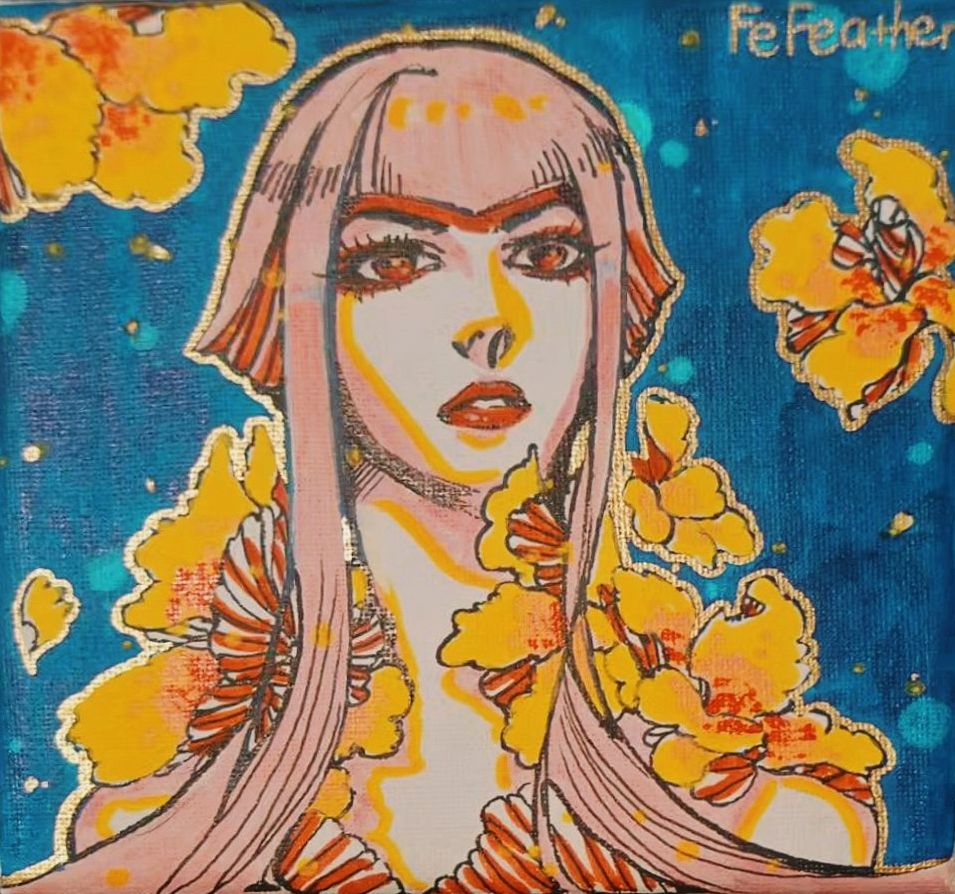 blue_background, cel_shading, eyelashes, fashion, fefeather, flower, impossible_hair, manon_legrand