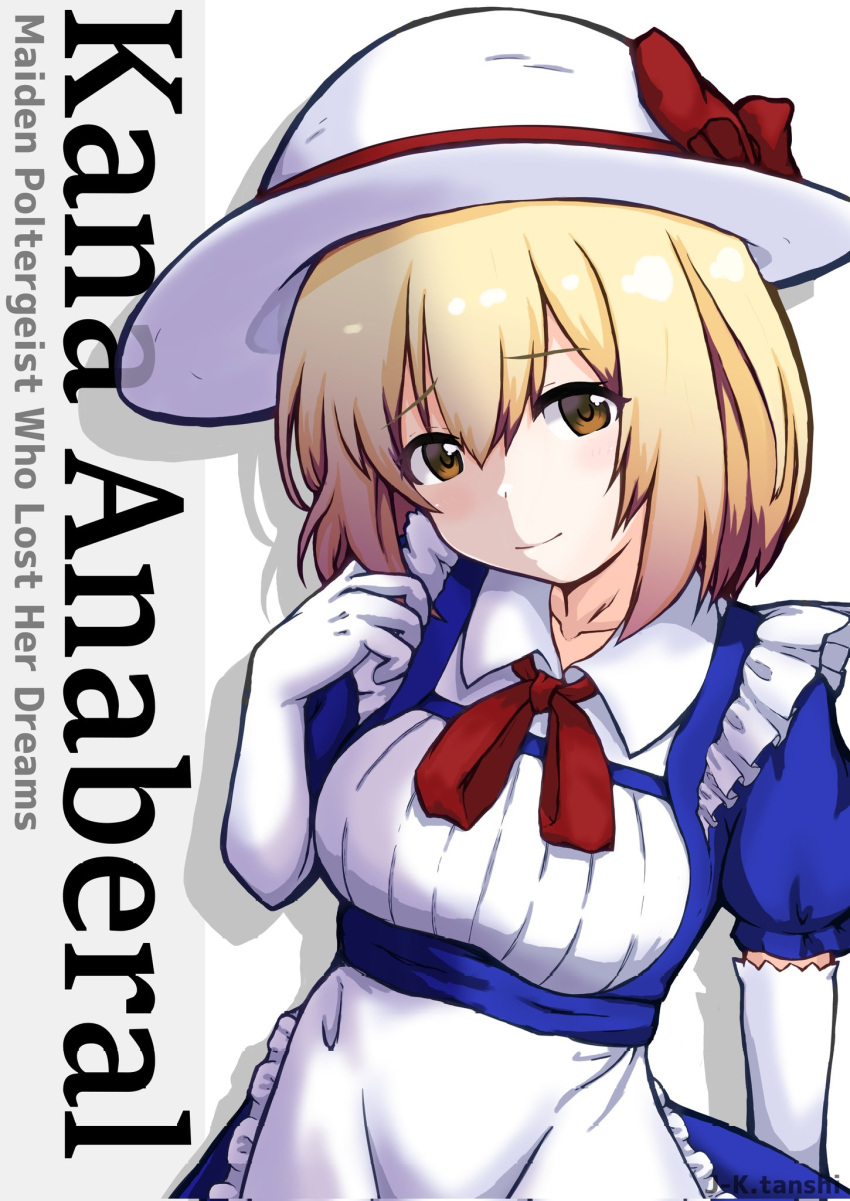 1girl, apron, blonde_hair, blue_dress, bow, character_name, closed_mouth, collarbone