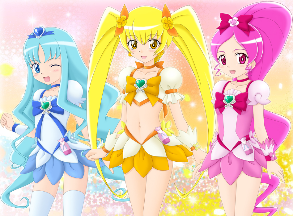 blonde_hair, blue_dress, blue_eyes, blue_hair, cure_blossom, cure_marine, cure_sunshine, dress