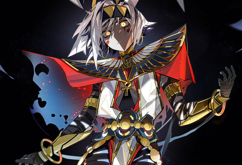 1girl, animal_ears, armlet, artist_name, bandages, black_background, black_bandages, bracelet