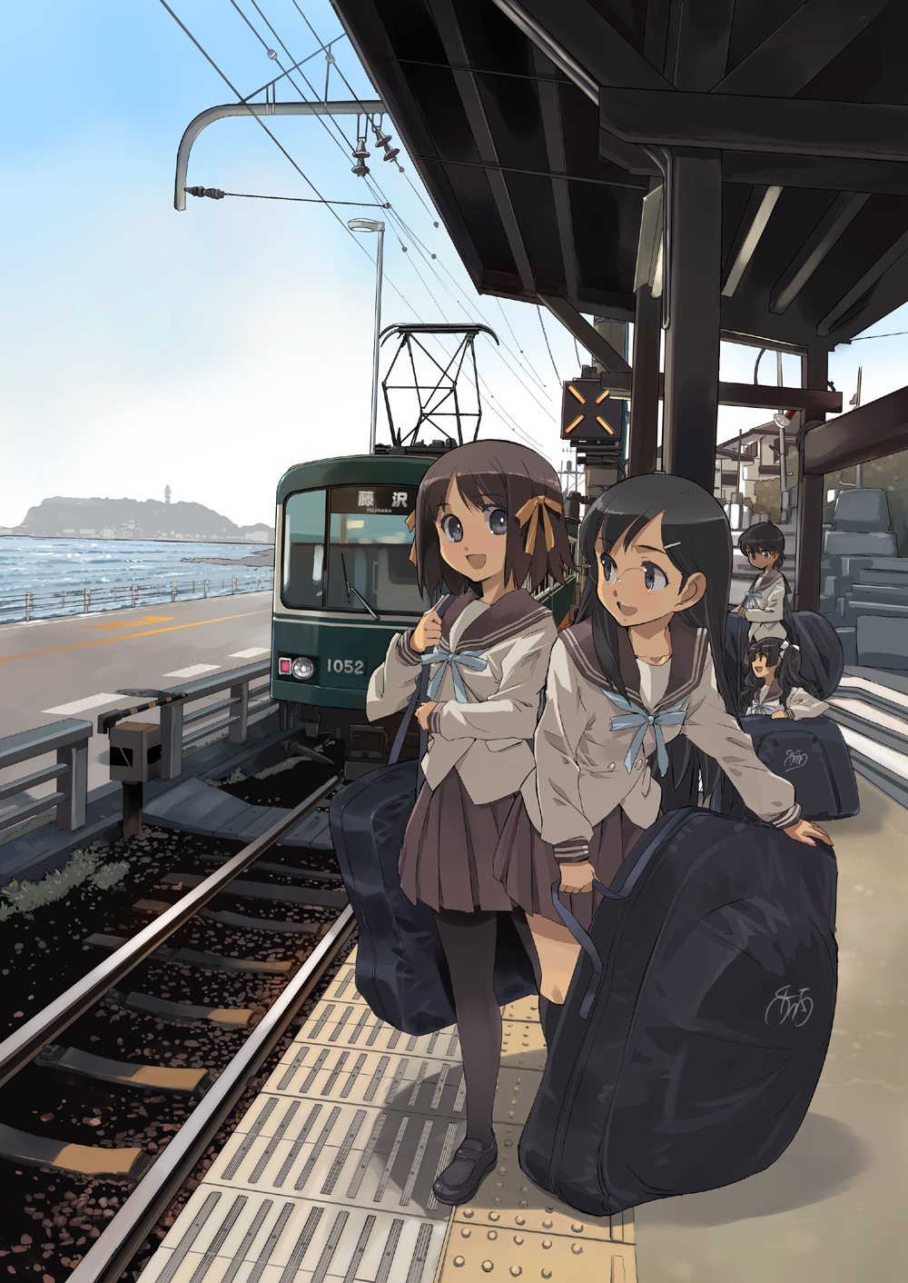 4girls, :d, akizuki_tomoe, bag, black_hair, brown_hair, enoshima_electric_railway, folding_bicycle
