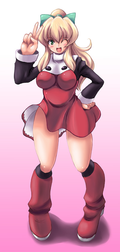 adult, blonde_hair, dress, green_eyes, kihaiu, long_hair, ponytail, rockman