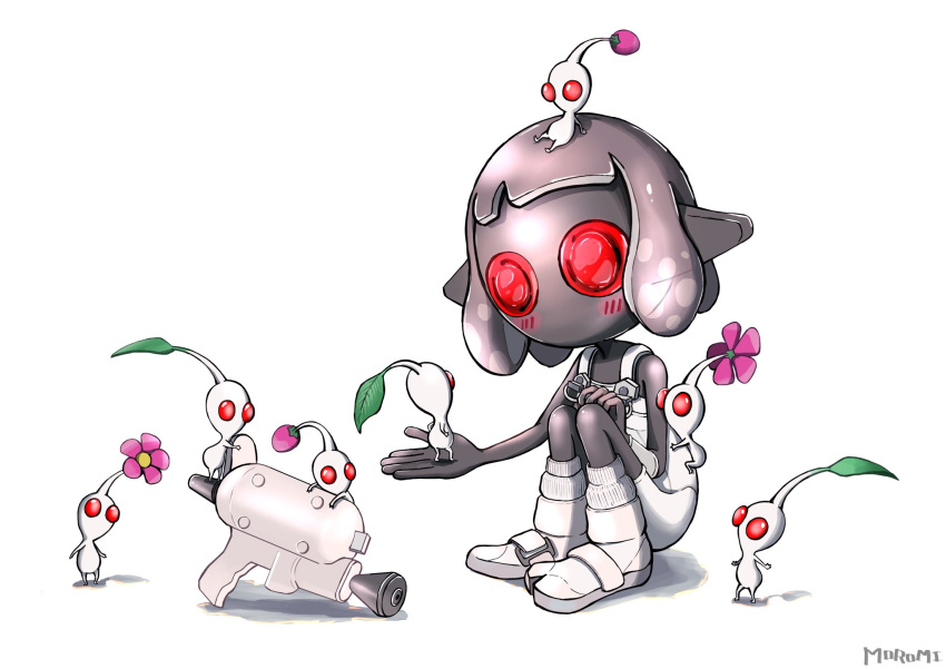 1girl, blush, bodysuit, boots, colored_skin, commentary_request, crossover, full_body