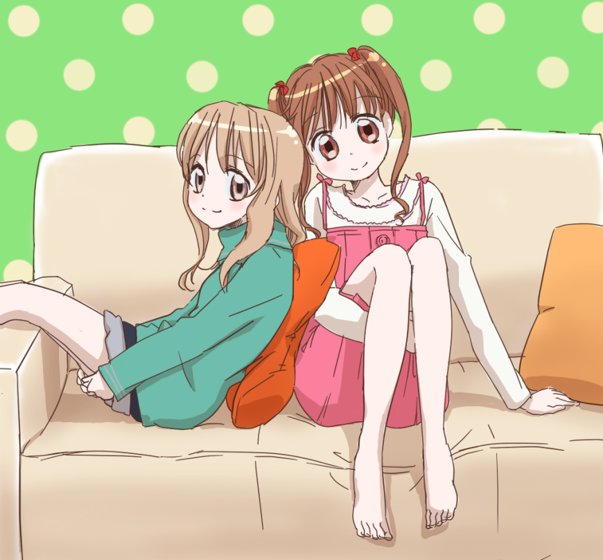 amano_ichigo, amano_natsume, bad_id, bi_ru, couch, leg_hug, multiple_girls, pillor