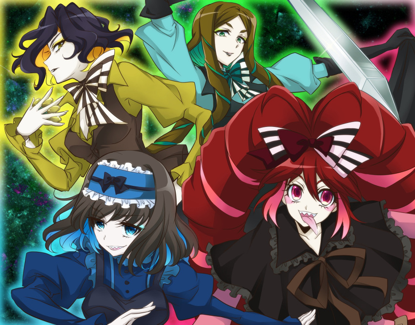 4girls, antenna_hair, autoscorer, black_hair, black_lips, blonde_hair, blouse, blue_eyes