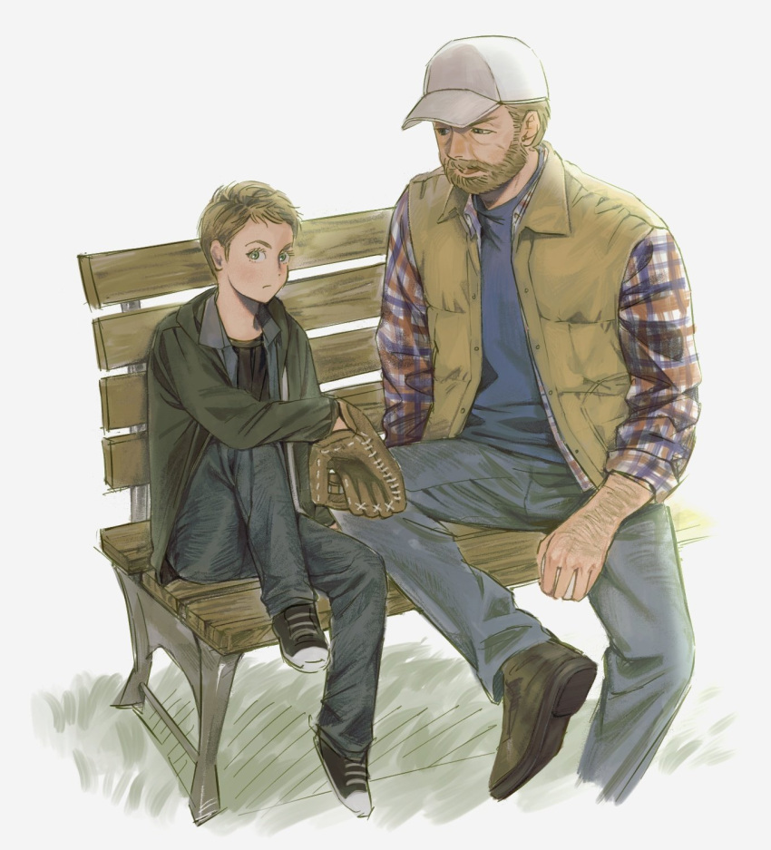 2boys, arm_hair, baseball_cap, baseball_mitt, beard, bench, bobby_singer, brown_hair