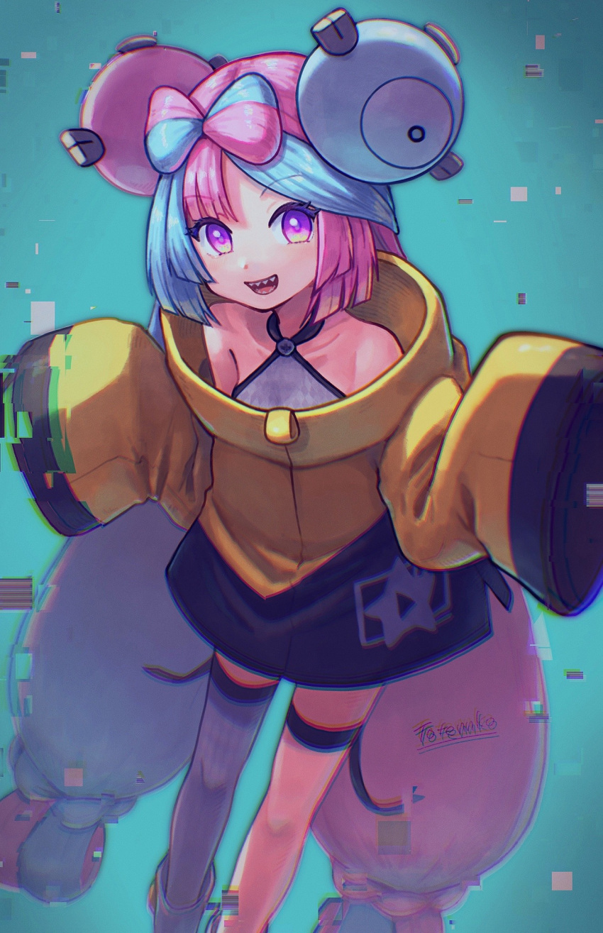 1girl, blue_hair, bow-shaped_hair, breasts, character_hair_ornament, grey_pantyhose, hair_ornament, hexagon_print, highres, iono_(pokemon), jacket, long_hair, low-tied_long_hair, magnemite, medium_breasts, multicolored_hair, oversized_clothes, pantyhose, pink_hair, pokemon, pokemon_sv, sharp_teeth, single_leg_pantyhose, sleeveless, sleeves_past_fingers, sleeves_past_wrists, solo, split-color_hair, teeth, totennko, twintails, two-tone_hair, very_long_sleeves, x, yellow_jacket