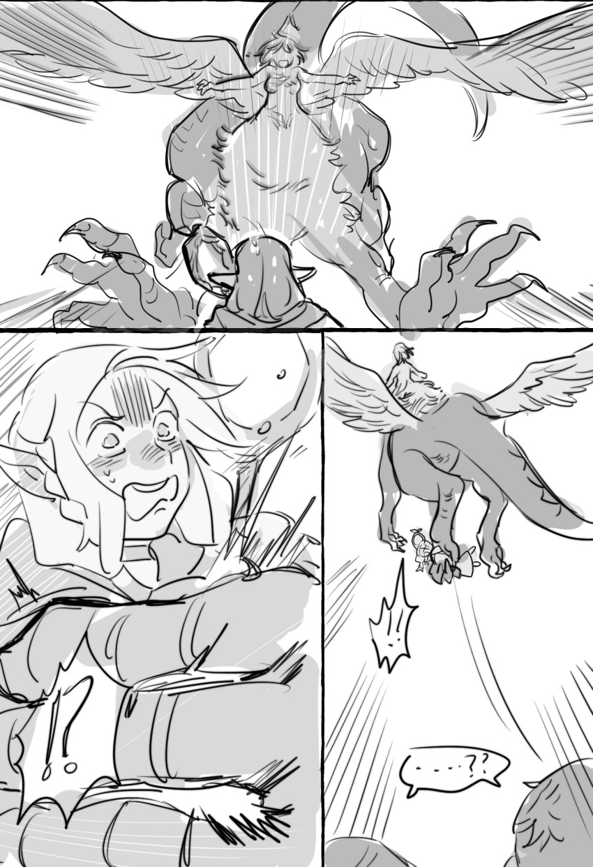 2boys, 2girls, ambrosia_(dungeon_meshi), braid, carrying, carrying_person, chilchuck_tims, chimera, choker, dungeon_meshi, elf, falin_touden, falin_touden_(chimera), feathered_wings, flying, greyscale, highres, holding, holding_staff, laios_touden, long_hair, marcille_donato, milfcookiesimp, monochrome, multiple_boys, multiple_girls, pointy_ears, short_hair, sketch, staff, taur, wings