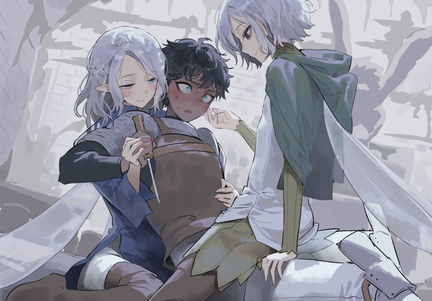 2boys, androgynous, black_eyes, black_hair, blue_eyes, blush, character_request, dark-skinned_male