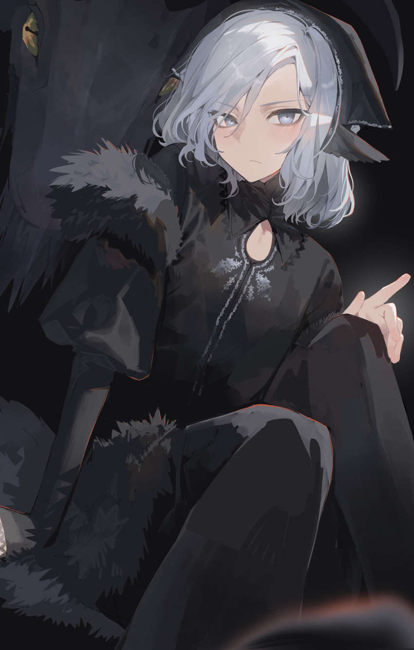 1boy, absurdres, alternate_costume, androgynous, black_background, black_pants, black_shirt, cowboy_shot, dungeon_meshi, elf, fur_trim, hat, highres, male_focus, mara_universe, mithrun, pants, pointy_ears, shirt, simple_background, solo, white_eyes, white_hair