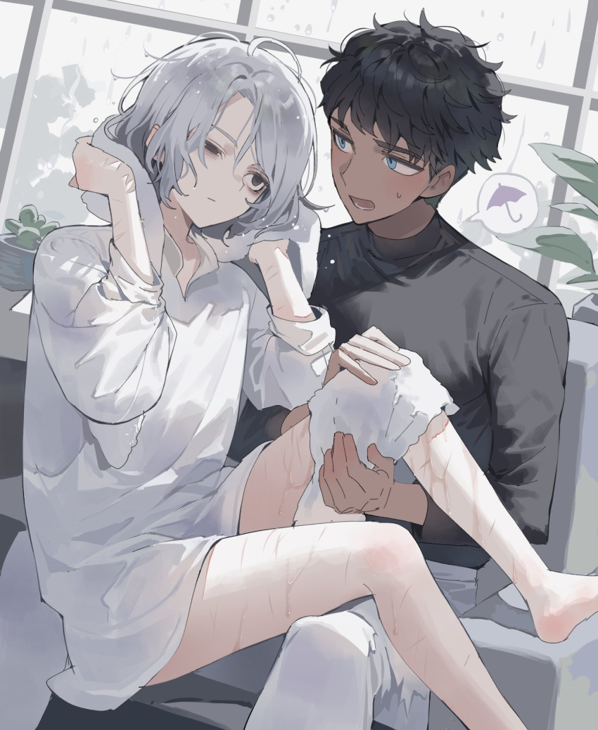 2boys, bare_legs, black_eyes, black_footwear, black_hair, blue_eyes, closed_mouth, couch