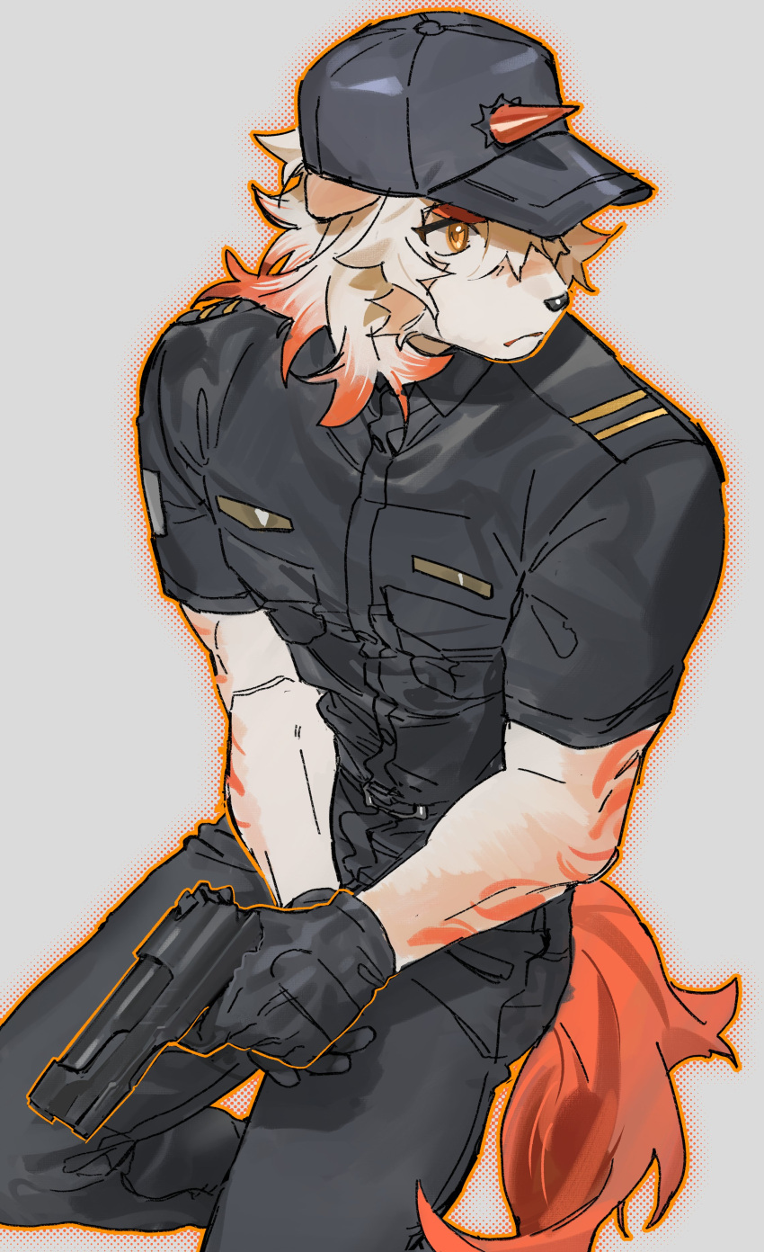 1boy, absurdres, arknights, black_gloves, black_pants, black_shirt, colored_tips, commentary_request