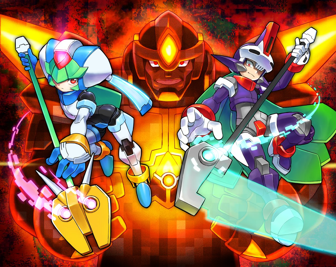 1girl, 2boys, android, aqua_hair, armor, biometal, brother_and_sister, crotch_plate, energy_blade, full_body, glowing, green_hair, helmet, holding, holding_scythe, holding_staff, long_hair, mega_man_(series), mega_man_zx, mega_man_zx_advent, model_w_(mega_man), multiple_boys, pandora_(mega_man), power_armor, prometheus_(mega_man), purple_armor, purple_helmet, red_eyes, scythe, serpent_(mega_man), shigehiro_(hiroi_heya), siblings, staff, trait_connection, white_armor, white_helmet