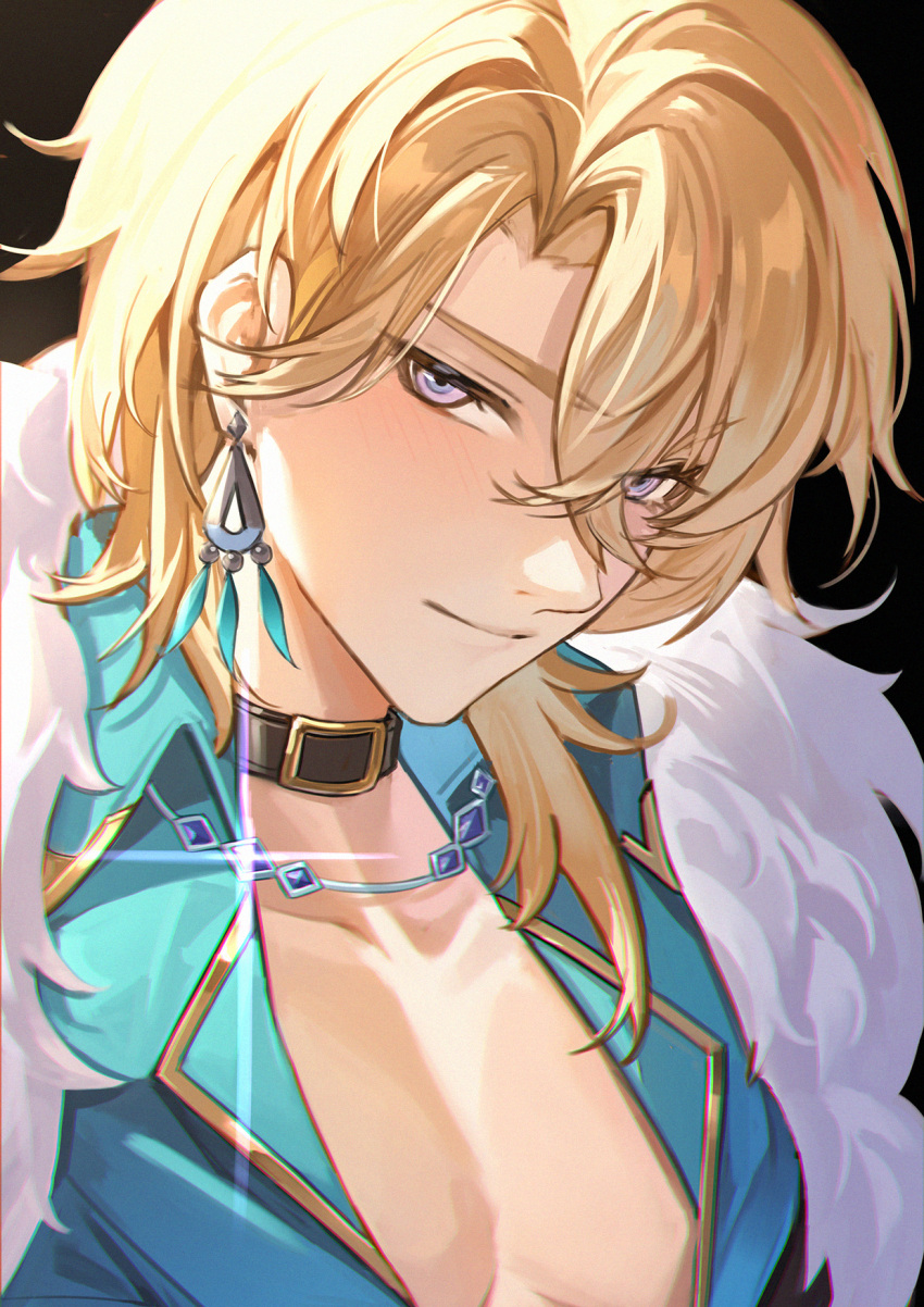 1boy, aventurine_(honkai:_star_rail), bishounen, blonde_hair, choker, collarbone, earrings, highres