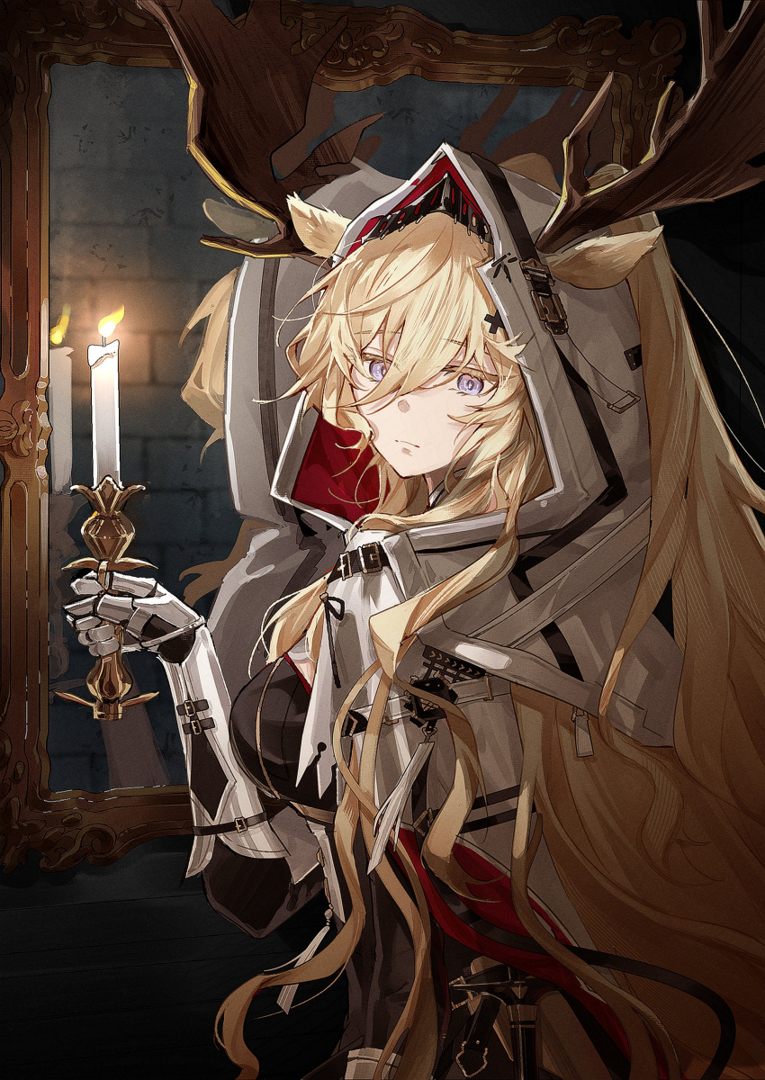 1girl, absurdres, animal_ears, antlers, antlers_through_headwear, arknights, armored_gloves, black_dress