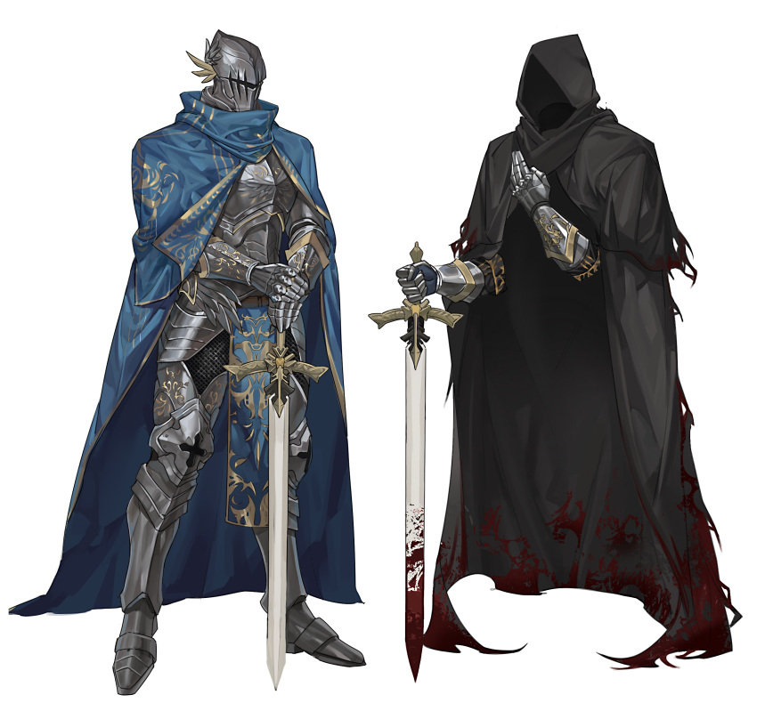 1boy, a_knight_(reverse:1999), absurdres, alternate_costume, amykem, armor, black_cape, blood, blood_on_clothes, blood_on_weapon, blue_cape, breastplate, cape, dual_persona, full_armor, full_body, gauntlets, greaves, hand_on_hilt, hands_on_hilt, helm, helmet, highres, holding, holding_sword, holding_weapon, hood, hood_up, hooded_cape, invisible, knight, legs_apart, multiple_views, planted, planted_sword, plate_armor, reverse:1999, sabaton, standing, sword, weapon, white_background