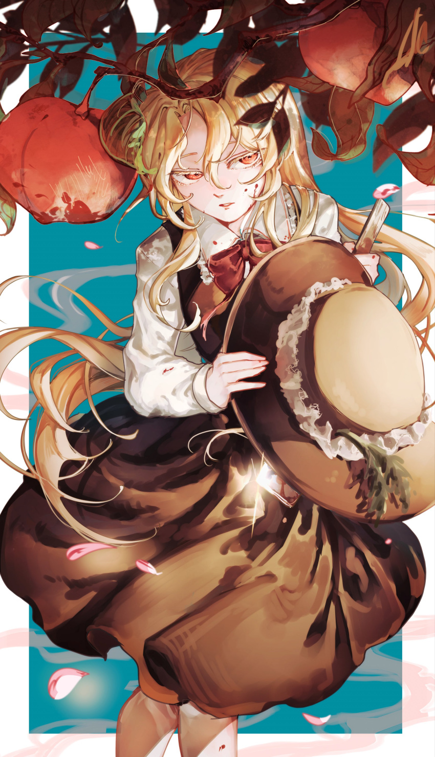 1girl, absurdres, blonde_hair, blue_background, bow, bowtie, branch, brown_hat