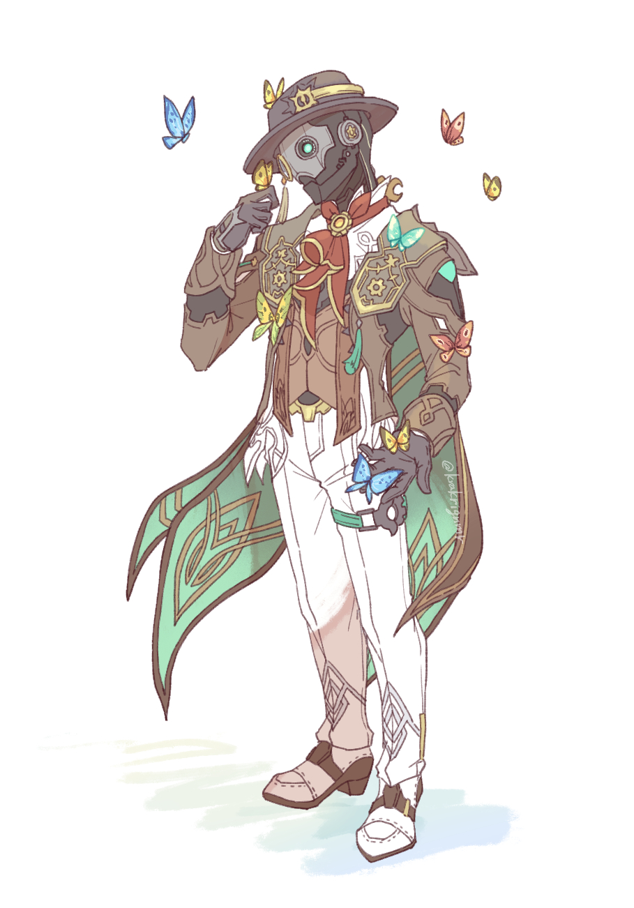 1boy, black_gloves, blue_butterfly, brown_suit, bug, butterfly, butterfly_on_arm, butterfly_on_hand