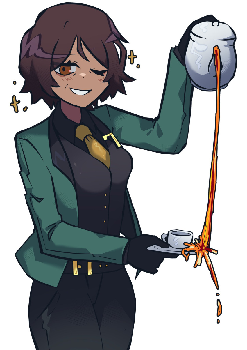 1girl, ;d, black_gloves, black_pants, black_shirt, black_vest, brown_eyes, brown_hair