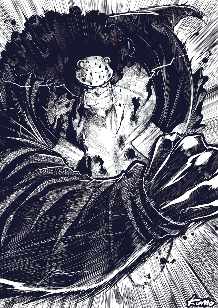 1boy, animal_ear_headwear, animal_ears, bartholomew_kuma, bear_ears, clenched_hand, clenched_teeth, cyborg