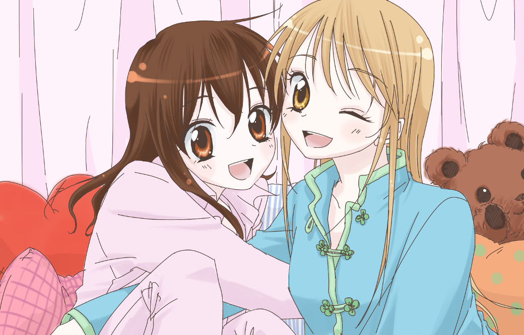 amano_ichigo, bad_id, bi_ru, blush, hair_down, katou_rumi, multiple_girls, pajamas