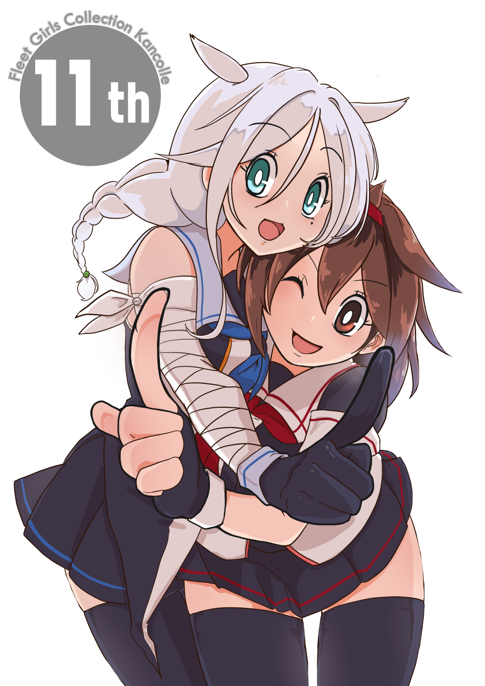 2girls, anniversary, arm_wrap, bandages, black_gloves, black_serafuku, black_shirt, black_skirt