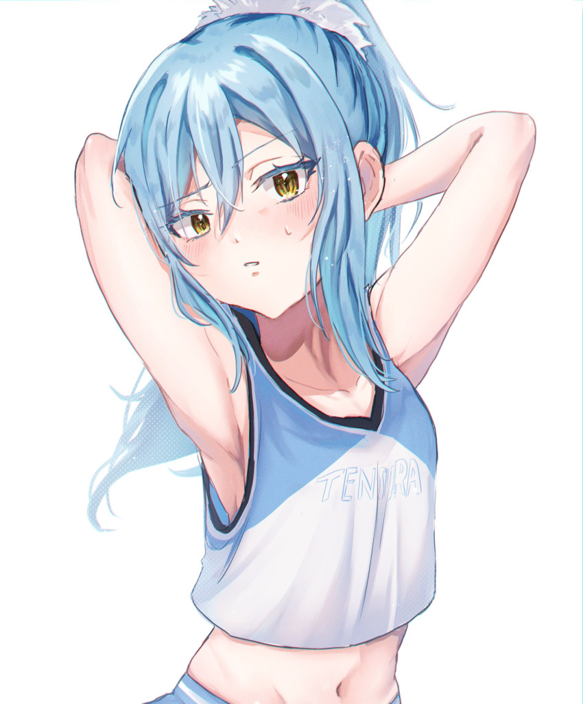 1other, armpits, arms_up, blue_hair, cheerleader, chocoeiru, crop_top, hair_between_eyes