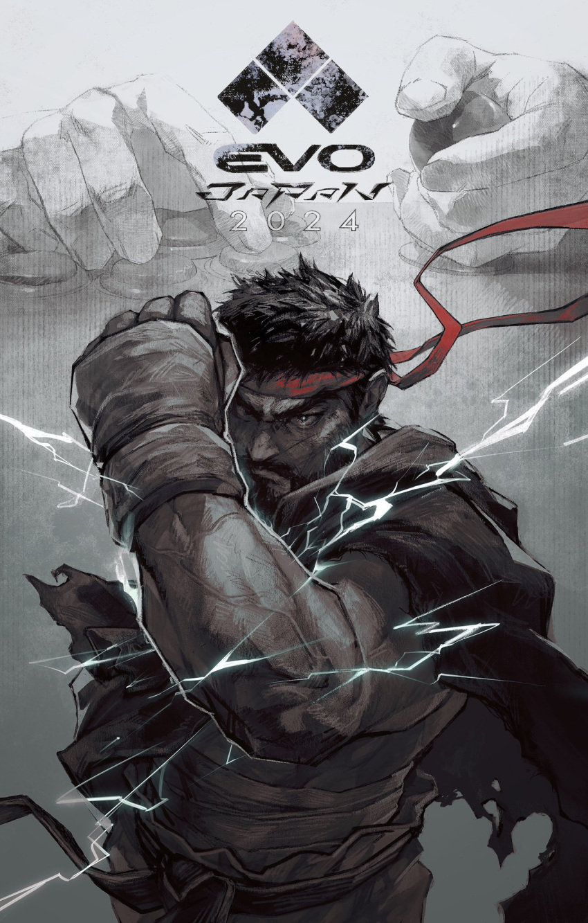 arcade_stick, bandages, beard, clenched_hand, controller, copyright_name, electricity, evolution_championship_series