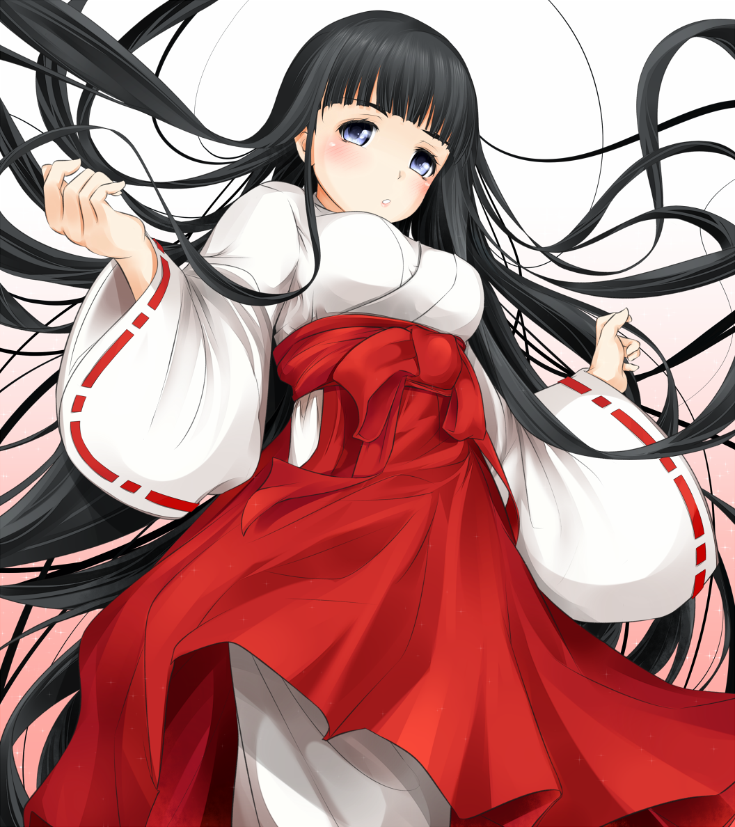 1girl, black_hair, blue_eyes, blunt_bangs, blush, breasts, check_commentary, commentary
