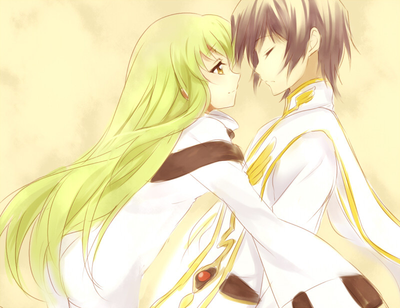 1boy, 1girl, bad_id, brown_hair, c.c., closed_eyes, code_geass, couple