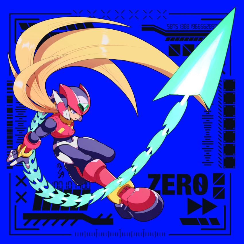 1boy, armor, attack, blonde_hair, blue_background, boots, chain, character_name